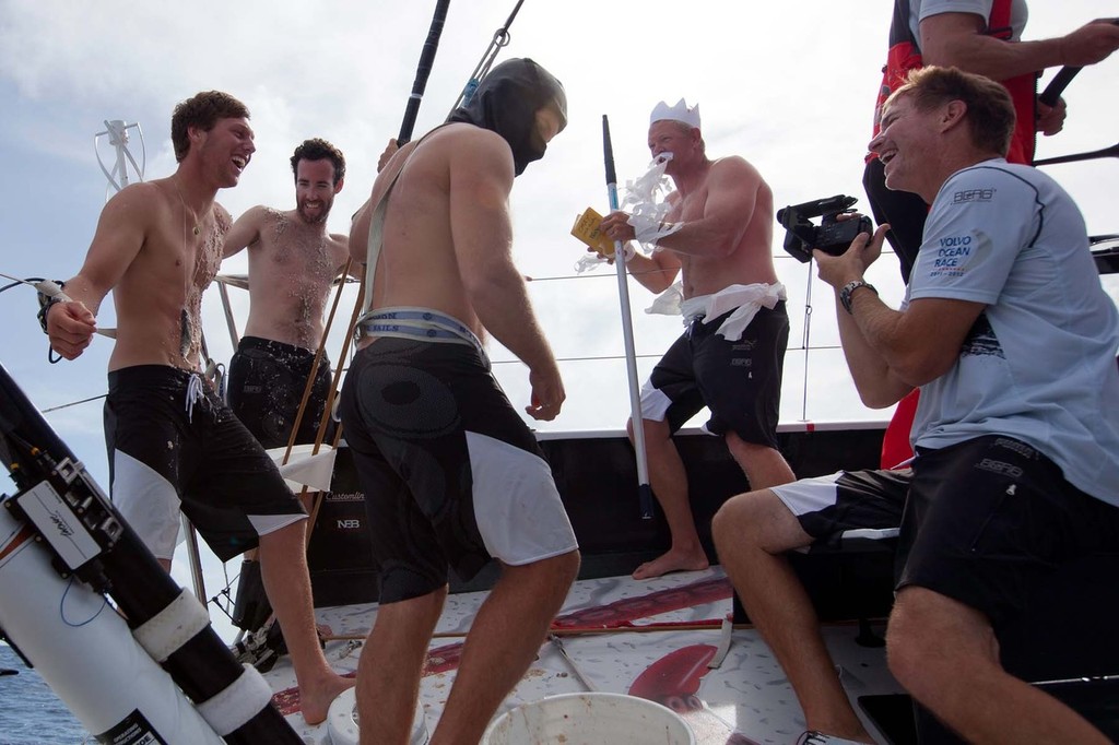 King Neptune arrives on PUMA’s Mar Mostro to grant passage across the Equator to first-timers Rome Kirby and Amory Ross. PUMA Ocean Racing powered by BERG during leg 1 of the Volvo Ocean Race 2011-12, from Alicante, Spain to Cape Town, South Africa. (Credit: Tom Addis/PUMA Ocean Racing/Volvo Ocean Race)  © Tom Addis/PUMA Ocean Racing/Volvo Ocean Race